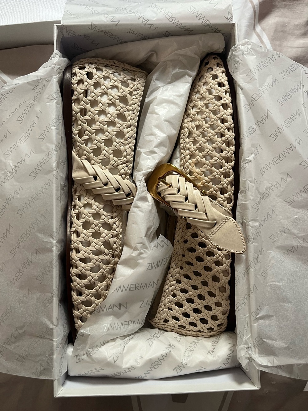 Zimmermann Cream Woven Mary Jane Flats with Gold Buckle - Picture 2 of 8